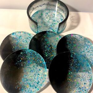 Handcrafted Black and Teal Glitter Epoxy Resin Coaster Set